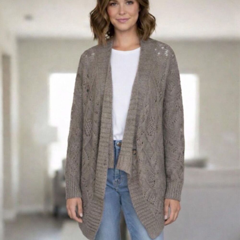 Sonoma Neutral  Taupe Open Front Boho Knit Cardigan Asymetrical Hem XS Earthy